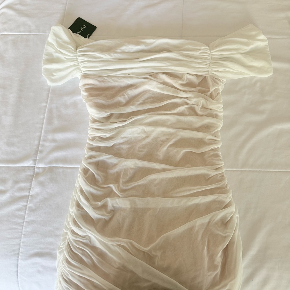 White Off Shoulder Ruched Mini Dress - Picture 2 of 5